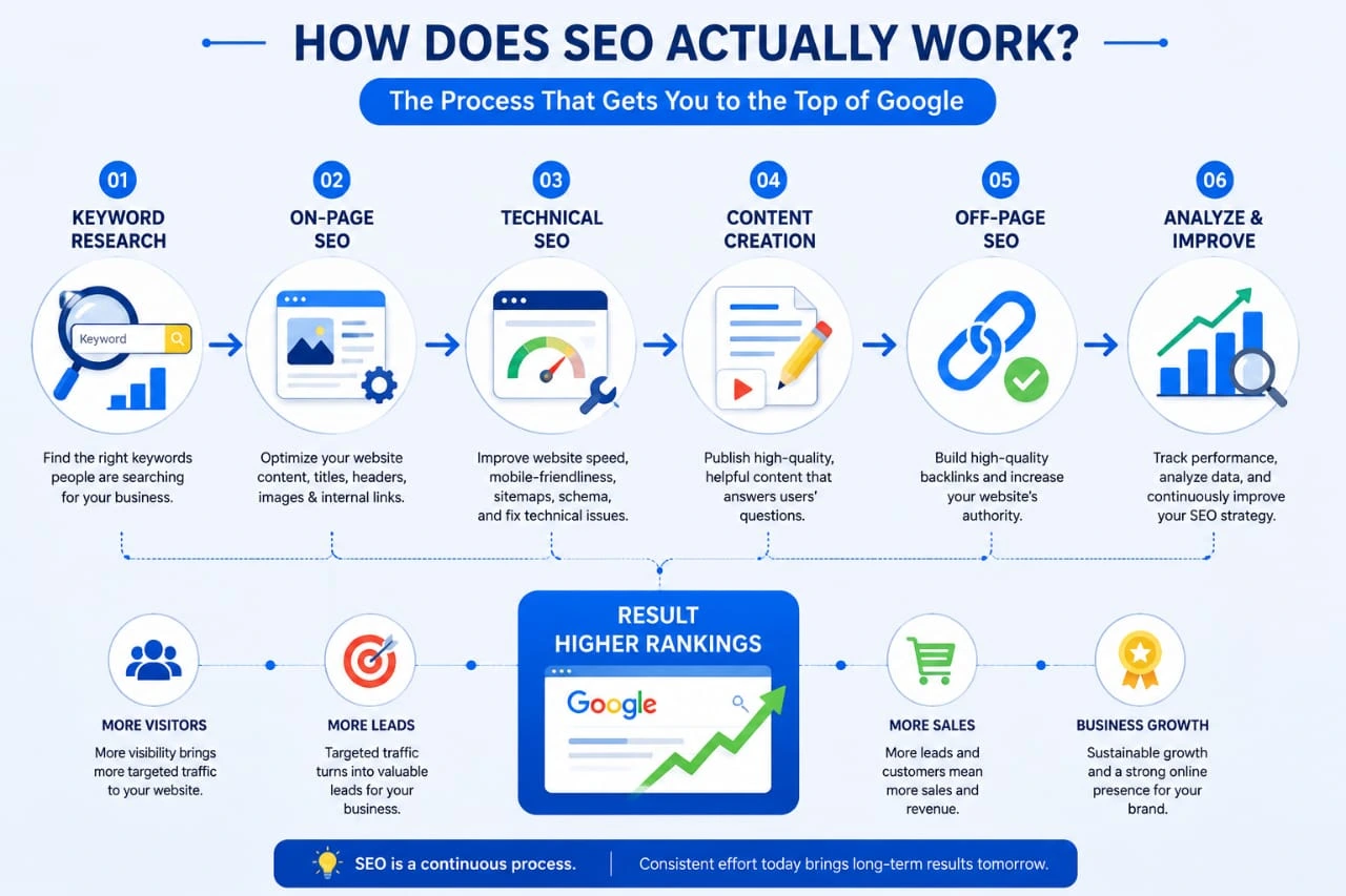 SEO process including keyword research, on-page SEO, technical SEO, and backlinks